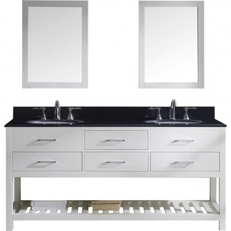 Caroline Estate 72" Double Bathroom Vanity in White with Black Galaxy Granite Top and Round Sink with Mirrors