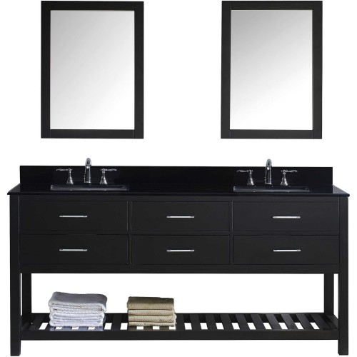 Caroline Estate 72" Double Bathroom Vanity in Espresso with Black Galaxy Granite Top and Square Sink with Mirrors