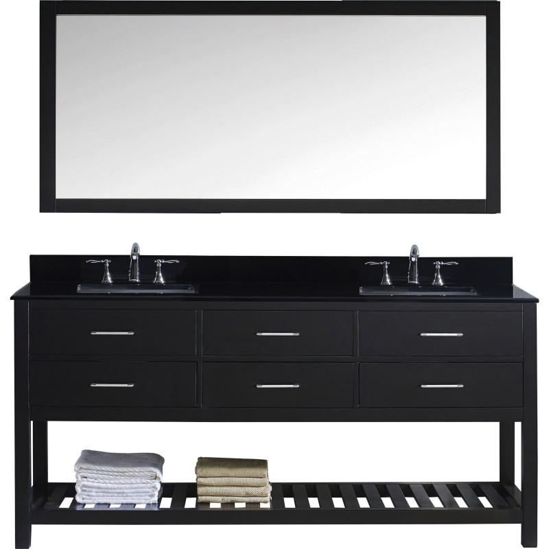 Caroline Estate 72" Double Bathroom Vanity in Espresso with Black Galaxy Granite Top and Square Sink with Mirror