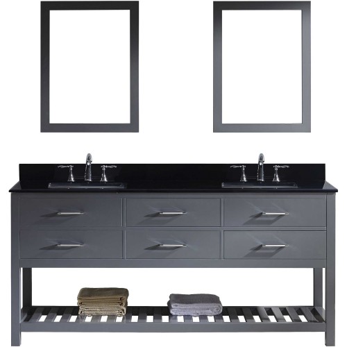 Caroline Estate 72" Double Bathroom Vanity in Grey with Black Galaxy Granite Top and Square Sink with Mirrors