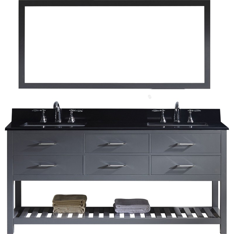 Caroline Estate 72" Double Bathroom Vanity in Grey with Black Galaxy Granite Top and Square Sink with Mirror