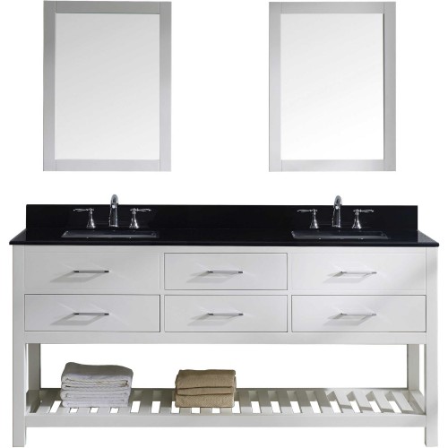 Caroline Estate 72" Double Bathroom Vanity in White with Black Galaxy Granite Top and Square Sink with Mirrors