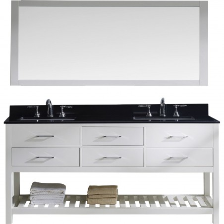 Caroline Estate 72" Double Bathroom Vanity in White with Black Galaxy Granite Top and Square Sink with Mirror