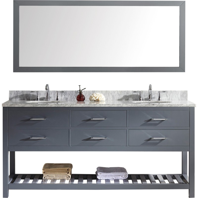 Caroline Estate 72" Double Bathroom Vanity in Grey with Marble Top and Round Sink with Mirror