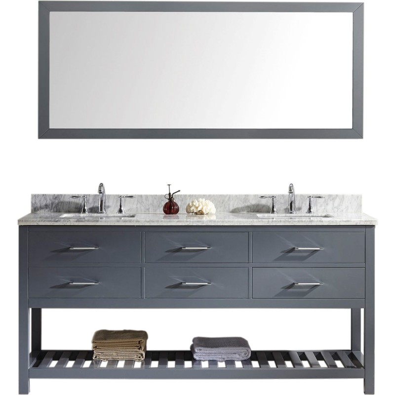 Caroline Estate 72" Double Bathroom Vanity in Grey with Marble Top and Square Sink with Mirror