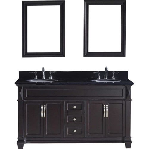 Victoria 60" Double Bathroom Vanity in Espresso with Black Galaxy Granite Top and Round Sink with Mirrors