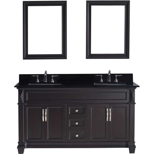 Victoria 60" Double Bathroom Vanity in Espresso with Black Galaxy Granite Top and Square Sink with Mirrors