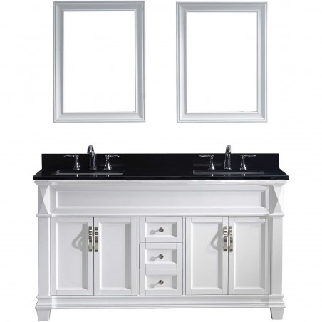 Victoria 60" Double Bathroom Vanity in White with Black Galaxy Granite Top and Square Sink with Mirrors