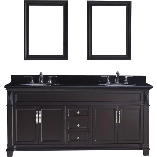 Victoria 72" Double Bathroom Vanity in Espresso with Black Galaxy Granite Top and Round Sink with Mirrors