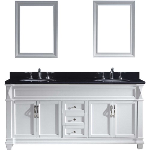 Victoria 72" Double Bathroom Vanity in White with Black Galaxy Granite Top and Round Sink with Mirrors