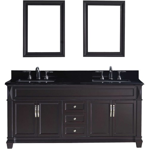 Victoria 72" Double Bathroom Vanity in Espresso with Black Galaxy Granite Top and Square Sink with Mirrors