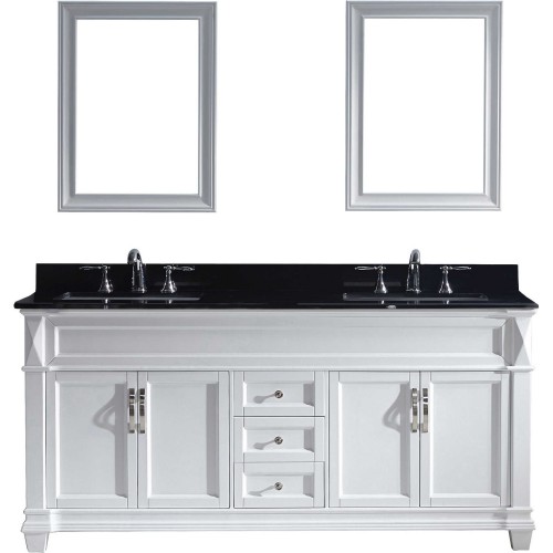 Victoria 72" Double Bathroom Vanity in White with Black Galaxy Granite Top and Square Sink with Mirrors