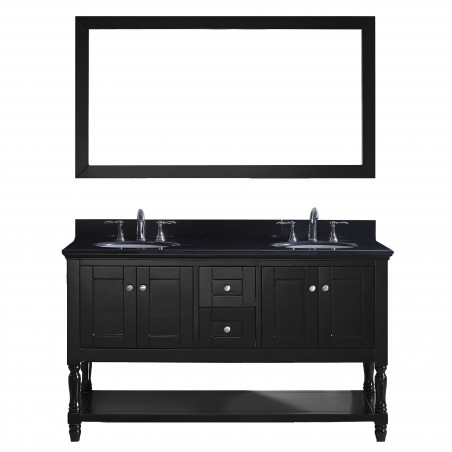 Julianna 60" Double Bathroom Vanity in Espresso with Black Galaxy Granite Top and Round Sink with Mirror