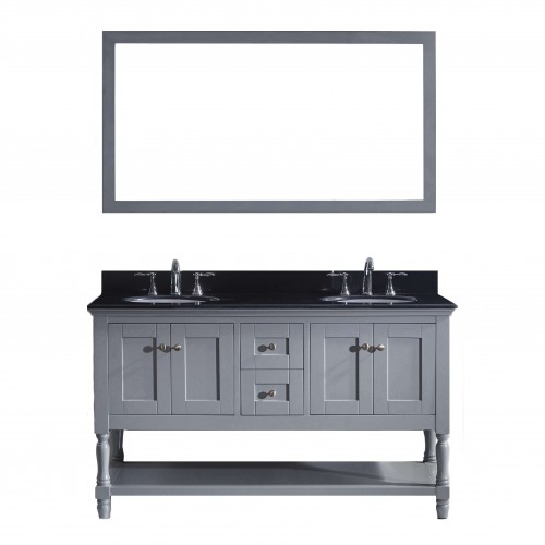 Julianna 60" Double Bathroom Vanity in Grey with Black Galaxy Granite Top and Round Sink with Mirror