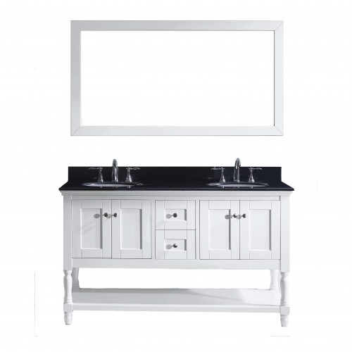 Julianna 60" Double Bathroom Vanity in White with Black Galaxy Granite Top and Round Sink with Mirror