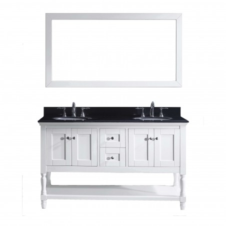 Julianna 60" Double Bathroom Vanity in White with Black Galaxy Granite Top and Round Sink with Mirror