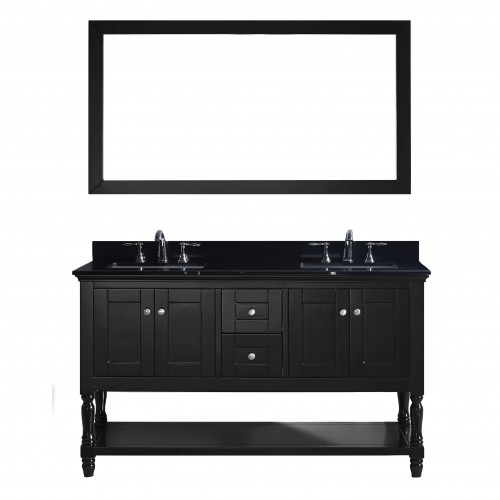 Julianna 60" Double Bathroom Vanity in Espresso with Black Galaxy Granite Top and Square Sink with Mirror