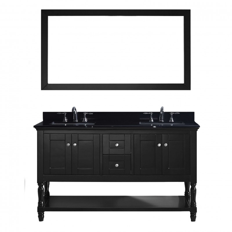 Julianna 60" Double Bathroom Vanity in Espresso with Black Galaxy Granite Top and Square Sink with Mirror