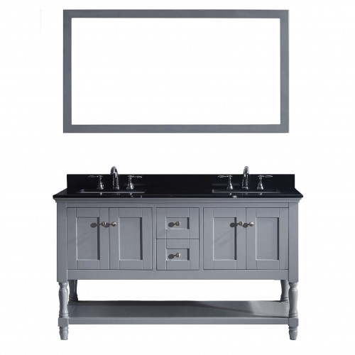 Julianna 60" Double Bathroom Vanity in Grey with Black Galaxy Granite Top and Square Sink with Mirror