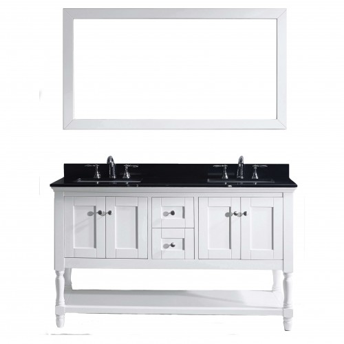 Julianna 60" Double Bathroom Vanity in White with Black Galaxy Granite Top and Square Sink with Mirror