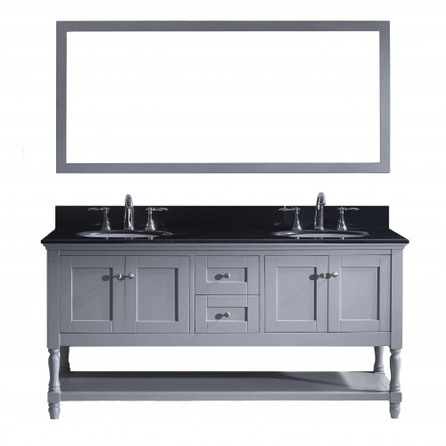 Julianna 72" Double Bathroom Vanity in Grey with Black Galaxy Granite Top and Round Sink with Mirror