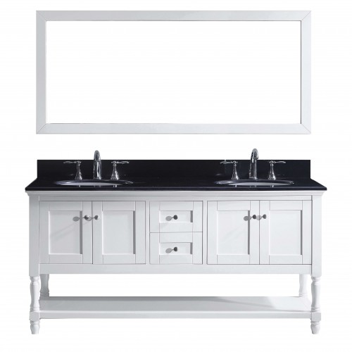 Julianna 72" Double Bathroom Vanity in White with Black Galaxy Granite Top and Round Sink with Mirror