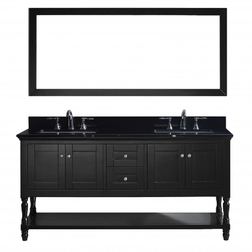 Julianna 72" Double Bathroom Vanity in Espresso with Black Galaxy Granite Top and Square Sink with Mirror