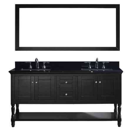 Julianna 72" Double Bathroom Vanity in Espresso with Black Galaxy Granite Top and Square Sink with Mirror