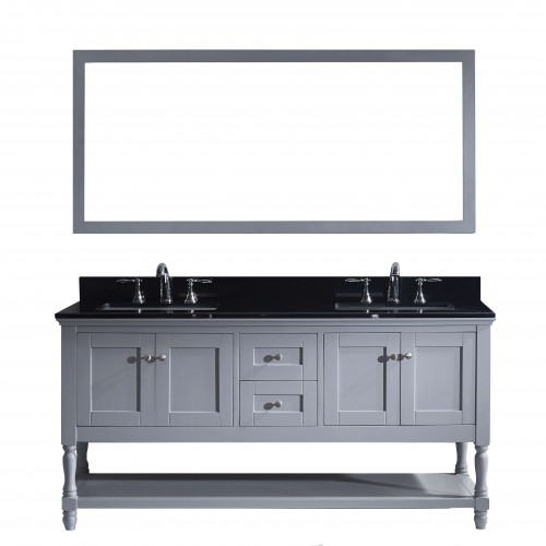 Julianna 72" Double Bathroom Vanity in Grey with Black Galaxy Granite Top and Square Sink with Mirror