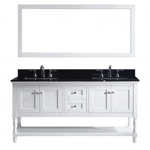Julianna 72" Double Bathroom Vanity in White with Black Galaxy Granite Top and Square Sink with Mirror