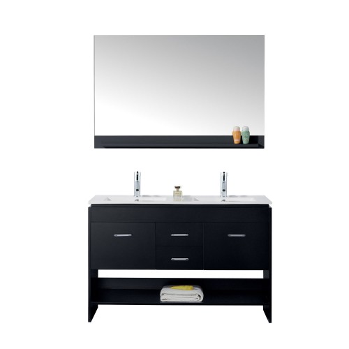 Gloria 48" Double Bathroom Vanity in Espresso with Slim White Ceramic Top and Square Sink with Polished Chrome Faucet and Mirror