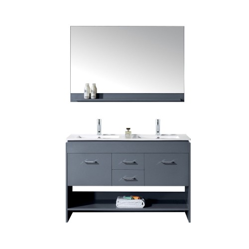 Gloria 48" Double Bathroom Vanity in Grey with Slim White Ceramic Top and Square Sink with Polished Chrome Faucet and Mirror