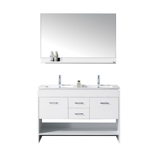 Gloria 48" Double Bathroom Vanity in White with Slim White Ceramic Top and Square Sink with Polished Chrome Faucet and Mirror