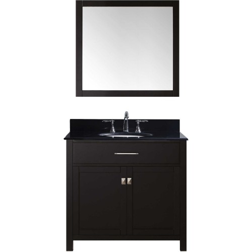 Caroline 36" Single Bathroom Vanity in Espresso with Black Galaxy Granite Top and Round Sink with Mirror