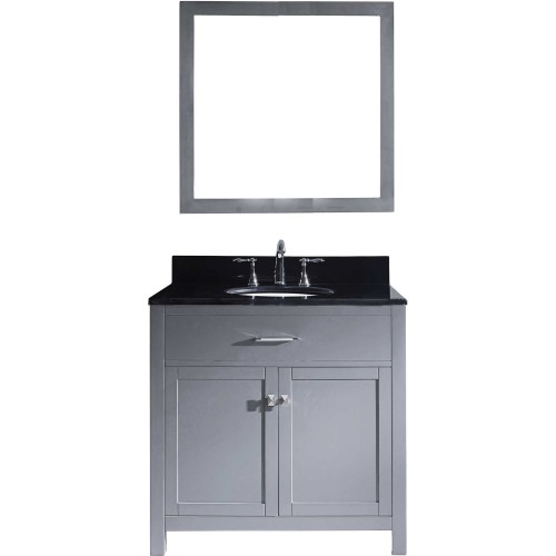 Caroline 36" Single Bathroom Vanity in Grey with Black Galaxy Granite Top and Round Sink with Mirror