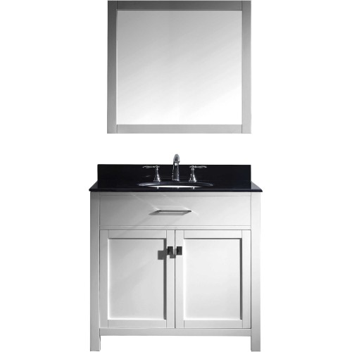 Caroline 36" Single Bathroom Vanity in White with Black Galaxy Granite Top and Round Sink with Mirror