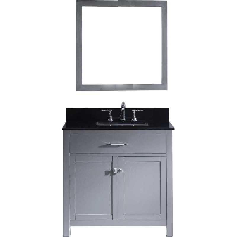 Caroline 36" Single Bathroom Vanity in Grey with Black Galaxy Granite Top and Square Sink with Mirror