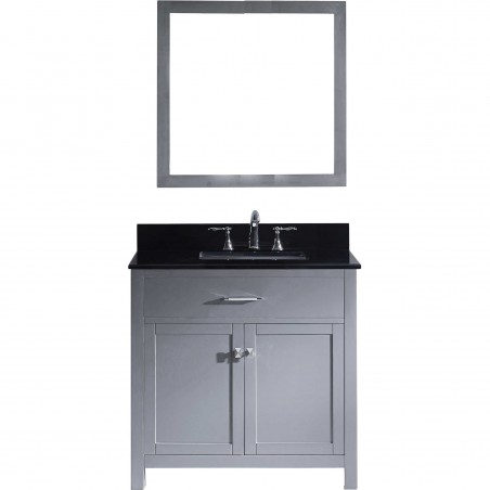 Caroline 36" Single Bathroom Vanity in Grey with Black Galaxy Granite Top and Square Sink with Mirror