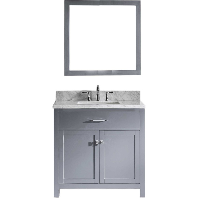 Caroline 36" Single Bathroom Vanity in Grey with Marble Top and Square Sink with Mirror