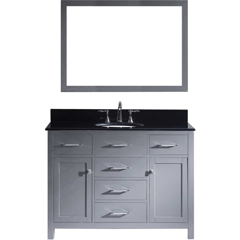Caroline 48" Single Bathroom Vanity in Grey with Black Galaxy Granite Top and Round Sink with Mirror