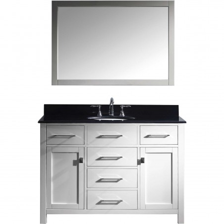 Caroline 48" Single Bathroom Vanity in White with Black Galaxy Granite Top and Round Sink with Mirror