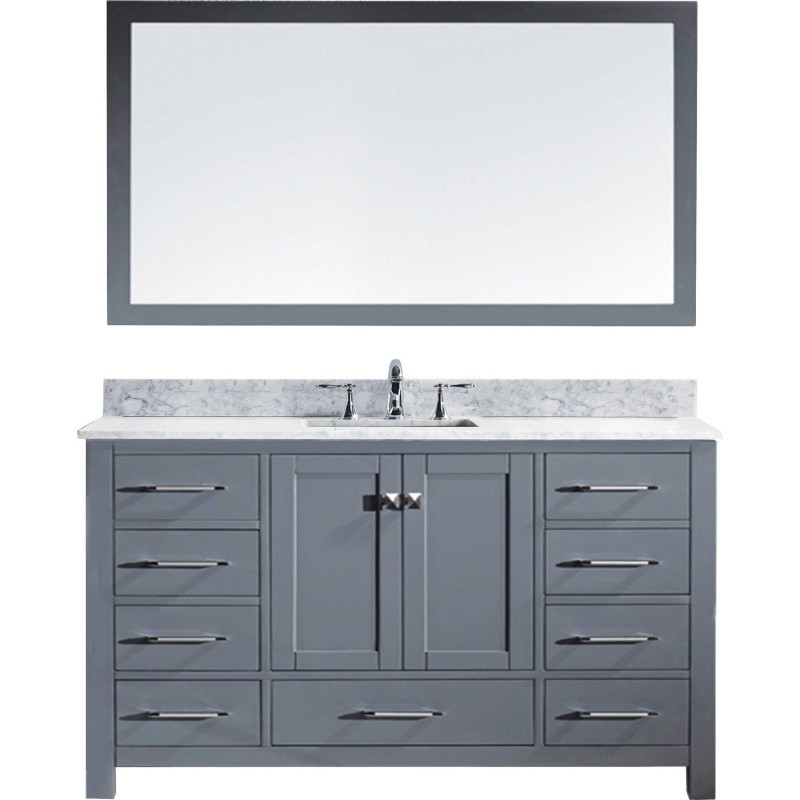 Caroline 60" Single Bathroom Vanity in Grey with Marble Top and Round Sink with Mirror