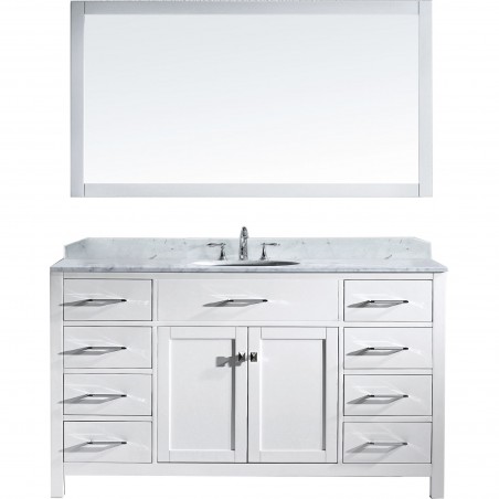 Caroline 60" Single Bathroom Vanity in White with Marble Top and Round Sink with Mirror