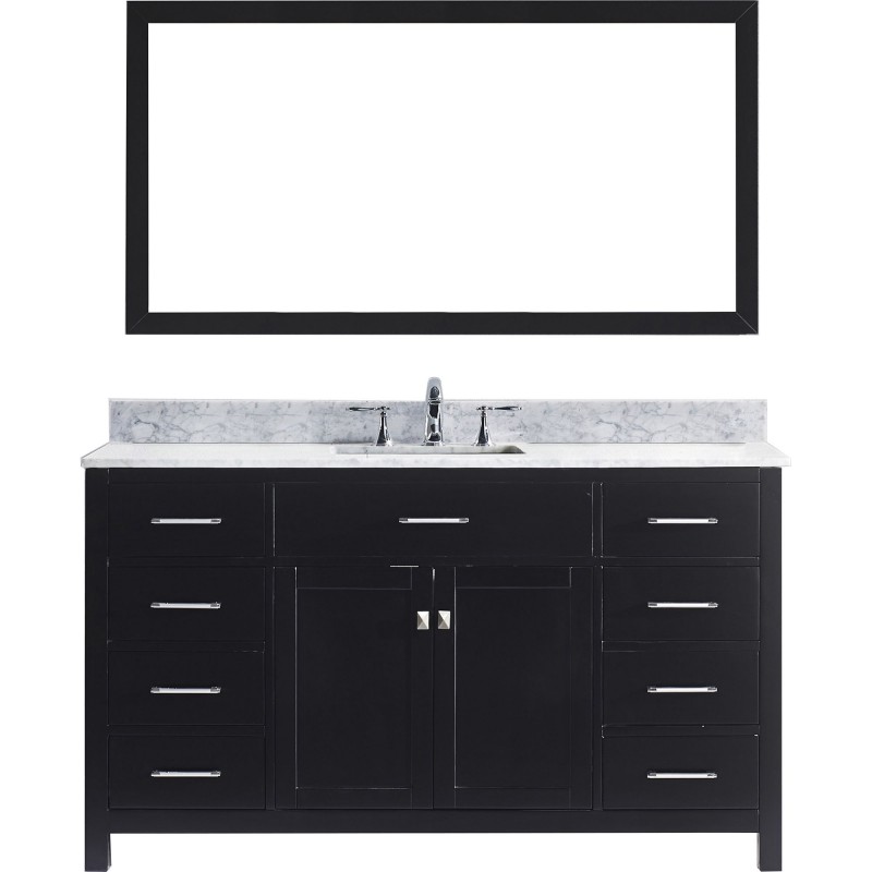 Caroline 60" Single Bathroom Vanity in Espresso with Marble Top and Square Sink with Mirror