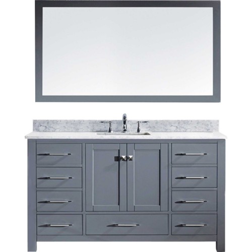 Caroline 60" Single Bathroom Vanity in Grey with Marble Top and Square Sink with Mirror