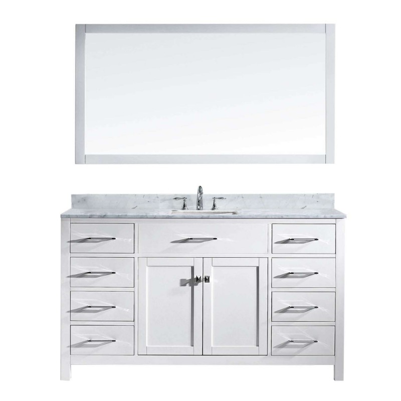 Caroline 60" Single Bathroom Vanity in White with Marble Top and Square Sink with Mirror