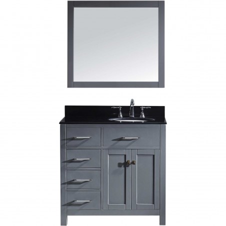 Caroline Parkway 36" Single Bathroom Vanity in Grey with Black Galaxy Granite Top and Round Sink with Mirror