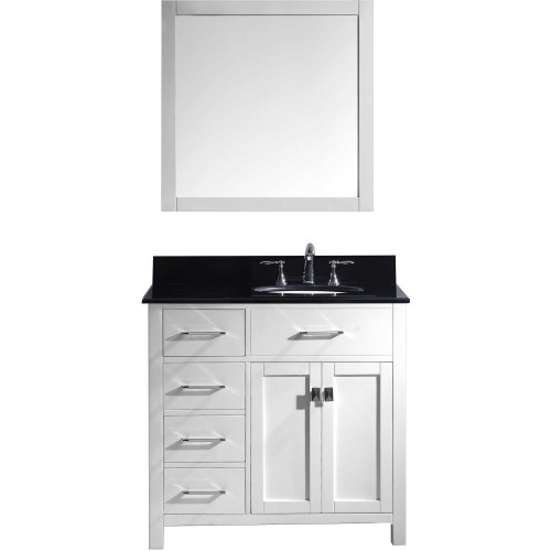 Caroline Parkway 36" Single Bathroom Vanity in White with Black Galaxy Granite Top and Round Sink with Mirror