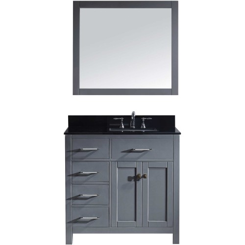 Caroline Parkway 36" Single Bathroom Vanity in Grey with Black Galaxy Granite Top and Square Sink with Mirror