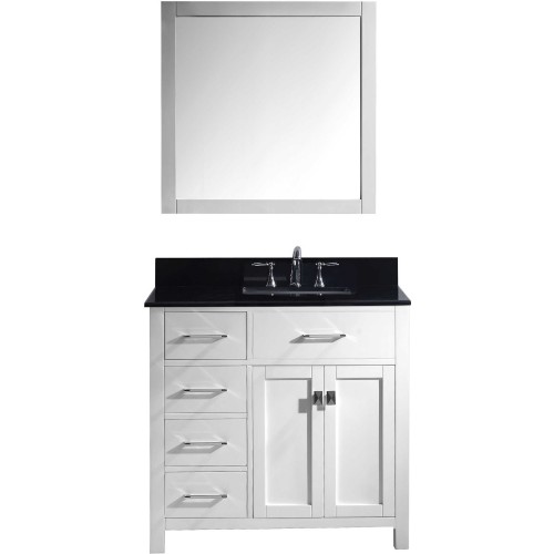 Caroline Parkway 36" Single Bathroom Vanity in White with Black Galaxy Granite Top and Square Sink with Mirror